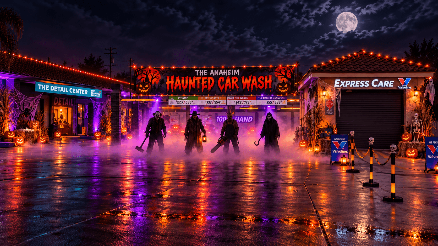 The Anaheim Horror Car Wash entrance glowing through fog at night